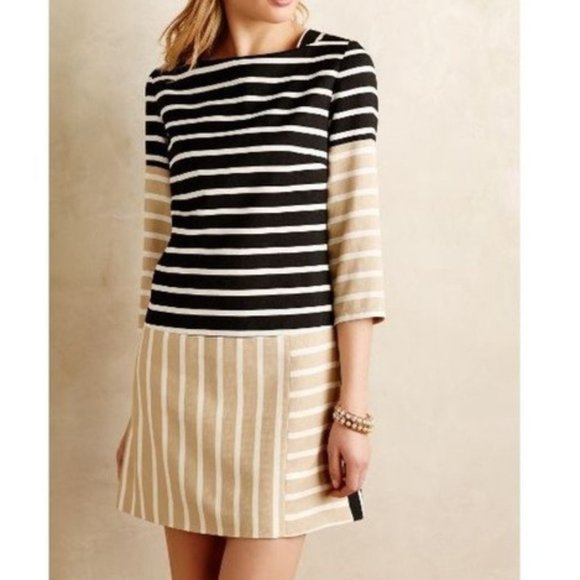 Anthropologie 4C Dress PERFECT NEW Mixed Stripes white black tan - Picture 1 of 16